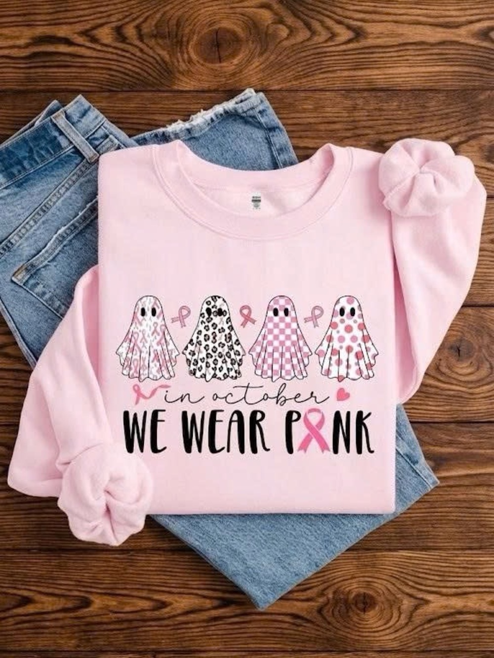 In October We Wear Pink Sweatshirt Breast Cancer Ghost Ribbon Pink